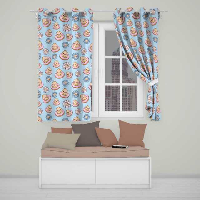Kawaii Chick Sitting On Donut With Flowers Seamless Pattern Teal Background Readymade Eyelet Ring Top Thermal 100% Blackout Curtains - image 1