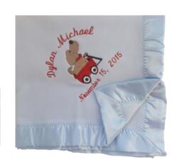 Satin Edged Microfleece Baby Blanket With Wagon Dog Embroidery & Child's Name Or Monogram