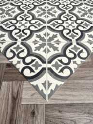 Grey Vinyl Runner Floor Mat - Waterproof Kitchen Rug in Moroccan Tile Pattern - thumbnail 1