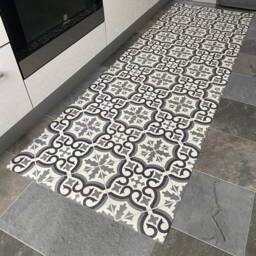 Grey Vinyl Runner Floor Mat - Waterproof Kitchen Rug in Moroccan Tile Pattern - thumbnail 3
