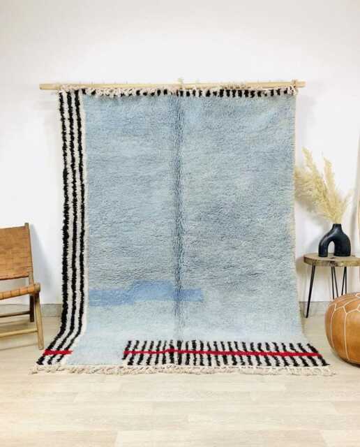 Minimalist Light Blue Moroccan Rug - Beni Ourain Berber Wool Shag Large Area For Bedroom Modern Abstract Stripe Decor - image 1