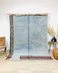 Minimalist Light Blue Moroccan Rug - Beni Ourain Berber Wool Shag Large Area For Bedroom Modern Abstract Stripe Decor - thumbnail 1