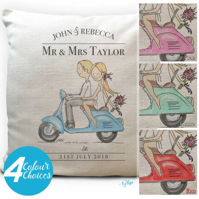 Scooter Bike Moped Wedding Cushion Cover - Personalised Anniversary Gift Mr & Mrs Colour Choices Home Decor 40cm 16 Inches - image 1