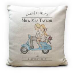 Scooter Bike Moped Wedding Cushion Cover - Personalised Anniversary Gift Mr & Mrs Colour Choices Home Decor 40cm 16 Inches - thumbnail 2