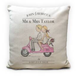 Scooter Bike Moped Wedding Cushion Cover - Personalised Anniversary Gift Mr & Mrs Colour Choices Home Decor 40cm 16 Inches - thumbnail 3