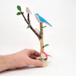 Handmade Bird Tree Sculpture, Colorful Wooden Birds On Birch Branch - thumbnail 1