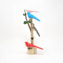Handmade Bird Tree Sculpture, Colorful Wooden Birds On Birch Branch - thumbnail 2
