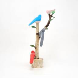 Handmade Bird Tree Sculpture, Colorful Wooden Birds On Birch Branch - thumbnail 3