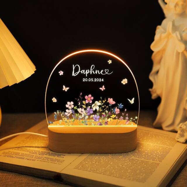 Custom Night Light Color Floral, Acrylic Flowers Desk Lamp, Led Lights With Kids Name Date, Baby Shower Favors, Baptism Gifts For Boy Girl - image 1