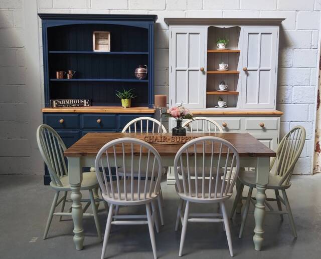 Farmhouse Style Dining Set With A 5Ft Traditional Kitchen Table & 6 Windsor Chairs Painted in F&b Colours - image 1