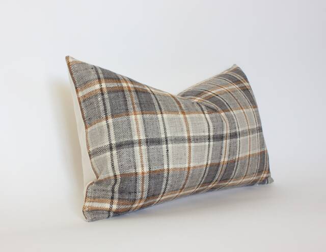Brown Plaid Lumbar Pillow, Windowpane Beige Cushion, Cream Gray Ivory Charcoal Throw Pillow -- Nolan - image 1