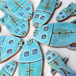 Ceramic Fish Wall Hanging Turquoise Textured Tile Art - 28cm/11 - thumbnail 4