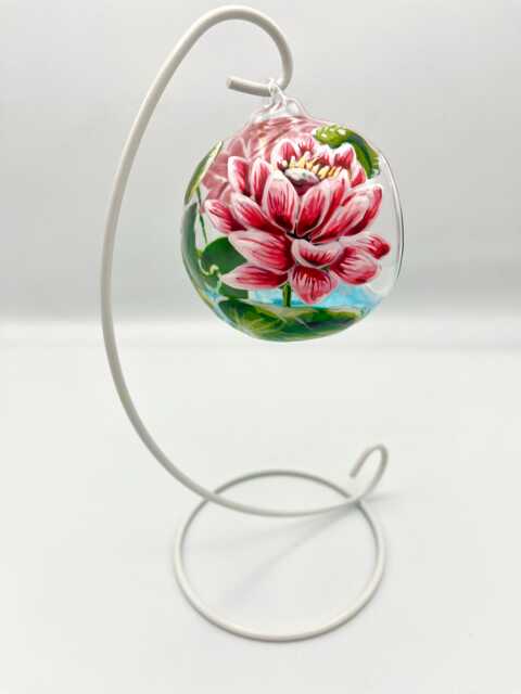 Hand Painted Water Lily Tealight Holder, Frog Ornament Stand/ July Birth Flower - image 1