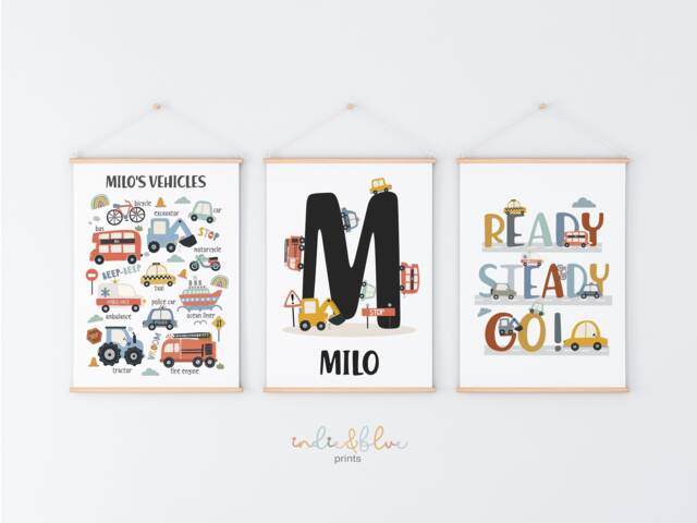 Personalised Set Of 3 Transport Posters, Cars Chart Print, Vehicles Boy Bedroom Decor, Playroom Prints, Scandi Kids Art - image 1