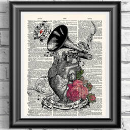 Dictionary Book Page Print Singing Heart, Tattoo Style Wall Art, Love Print Unique Gift Idea Wedding Valentine - thumbnail 1