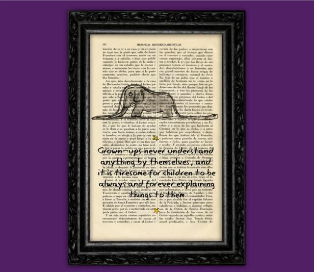 The Little Prince, Elephant in Hat - Book Art Print With Famous Quote On Vintage Dictionary Page Perfect For Nursery - 47-N??25 - image 1