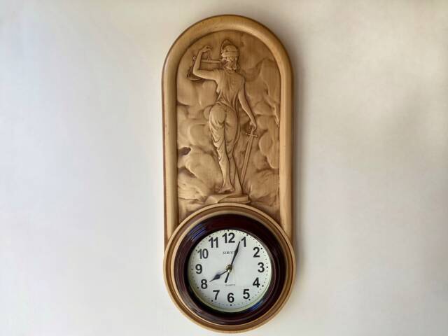 Wooden Carved Wall Clock Themis Greek Goddess, Rustic Home Decor - image 1