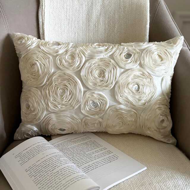 Ivory Art Silk Satin Embroidered Ribbon Lumbar Pillow Cover, Modern Mother Of Pearl Oblong Cushion Cover - Paradise - image 1