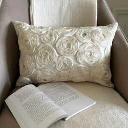 Ivory Art Silk Satin Embroidered Ribbon Lumbar Pillow Cover, Modern Mother Of Pearl Oblong Cushion Cover - Paradise - thumbnail 3