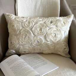 Ivory Art Silk Satin Embroidered Ribbon Lumbar Pillow Cover, Modern Mother Of Pearl Oblong Cushion Cover - Paradise - thumbnail 1