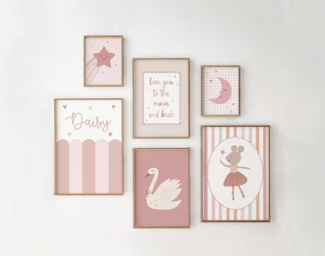 Girls Room Prints, Set Of 6, Gallery Wall Personalised Name Art, Nursery Decor, Neutral Bedroom - image 1
