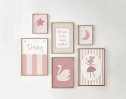 Girls Room Prints, Set Of 6, Gallery Wall Personalised Name Art, Nursery Decor, Neutral Bedroom - thumbnail 1
