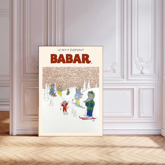 Babar The Elephant Ski, Nursery Wall Art, Retro Kids, Kids Room Genre Neutral Baby Illustration Art Print - image 1