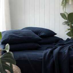 Navy Linen Sheet Set 1 Flat & Fitted 2 Pillowcases Stonewashed 100% Flax Linen Set - thumbnail 3