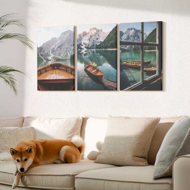 Canvas Set Of 3 Wall Art - View A Mountain Lake With Boats & Window, Green Picture Print, Landscapes Decor - image 1