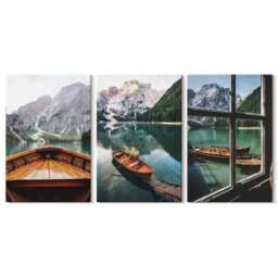 Canvas Set Of 3 Wall Art - View A Mountain Lake With Boats & Window, Green Picture Print, Landscapes Decor - thumbnail 2