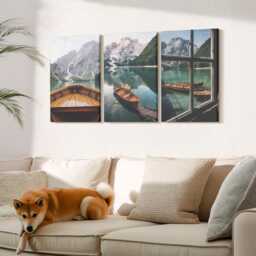 Canvas Set Of 3 Wall Art - View A Mountain Lake With Boats & Window, Green Picture Print, Landscapes Decor - thumbnail 1