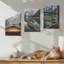 Canvas Set Of 3 Wall Art - View A Mountain Lake With Boats & Window, Green Picture Print, Landscapes Decor - thumbnail 3