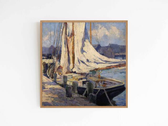 Gloucester Wharf - Vintage Art Oil Painting Sailboat Ocean Nautical Theme New England Print Sizes Square 8x8 10x10 16x16 - image 1