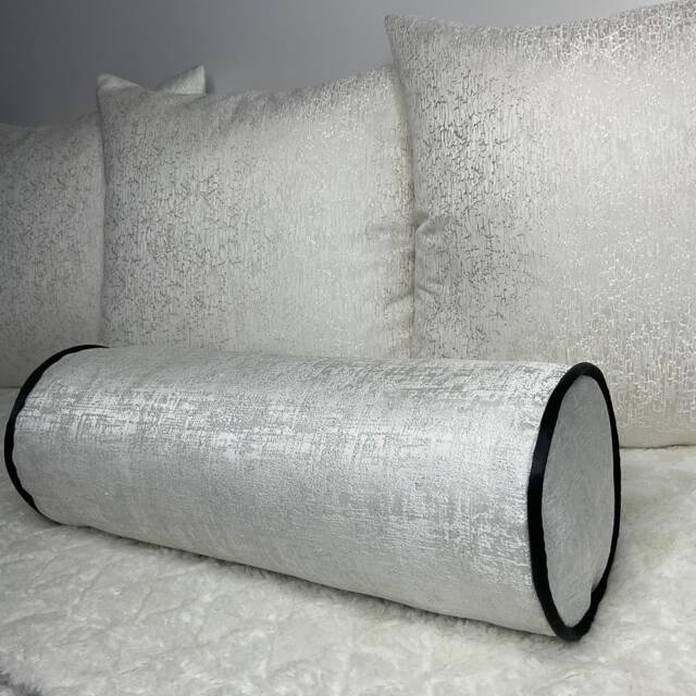 "Handmade White/Silver Bolster Pillow, Textured Fabric With Black Piping/Monochrome Cushion 16"" X 6" - image 1