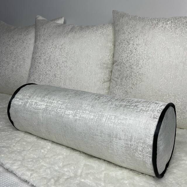 Amelie Luxury White/Silver Textured Duck Feather Cushion Bolster Contrasting Black Piping Designer Fabric High Quality Handmade - image 1