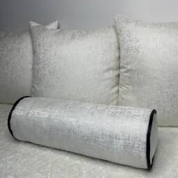 Amelie Luxury White/Silver Textured Duck Feather Cushion Bolster Contrasting Black Piping Designer Fabric High Quality Handmade - thumbnail 2