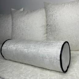 "Handmade White/Silver Bolster Pillow, Textured Fabric With Black Piping/Monochrome Cushion 16"" X 6" - thumbnail 1