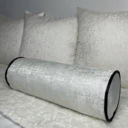"Handmade White/Silver Bolster Pillow, Textured Fabric With Black Piping/Monochrome Cushion 16"" X 6" - thumbnail 2