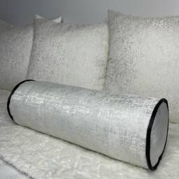 Amelie Luxury White/Silver Textured Duck Feather Cushion Bolster Contrasting Black Piping Designer Fabric High Quality Handmade - thumbnail 1