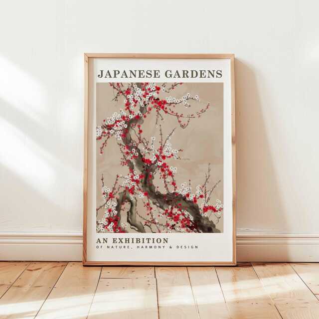 Japanese Garden Cherry Blossom Poster, Red & White Floral Wall Art, Zen Nature Exhibition Print, Minimalist Unframed Decor - image 1