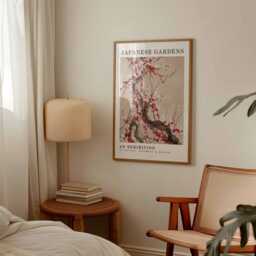Japanese Garden Cherry Blossom Poster, Red & White Floral Wall Art, Zen Nature Exhibition Print, Minimalist Unframed Decor - thumbnail 2