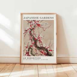 Japanese Garden Cherry Blossom Poster, Red & White Floral Wall Art, Zen Nature Exhibition Print, Minimalist Unframed Decor - thumbnail 1
