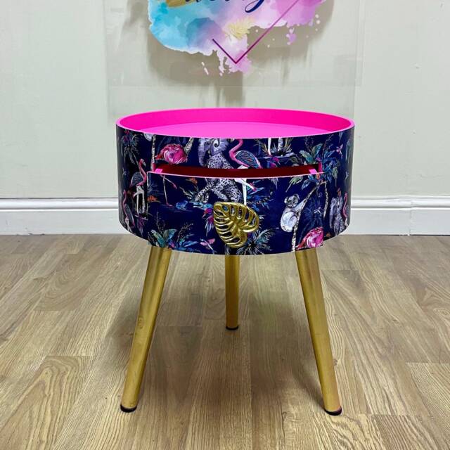 Hot Pink & Gold Round Bedside Table . Leopard Flamingo Design. Bright Home Decor Ideal For Nightstand Or Side Table. Built in Drawer - image 1