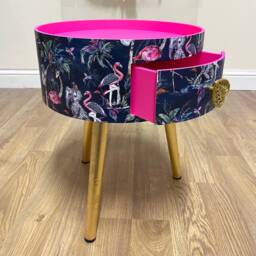 Hot Pink & Gold Round Bedside Table . Leopard Flamingo Design. Bright Home Decor Ideal For Nightstand Or Side Table. Built in Drawer - thumbnail 2