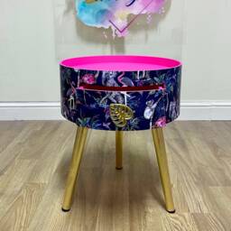 Hot Pink & Gold Round Bedside Table . Leopard Flamingo Design. Bright Home Decor Ideal For Nightstand Or Side Table. Built in Drawer - thumbnail 1