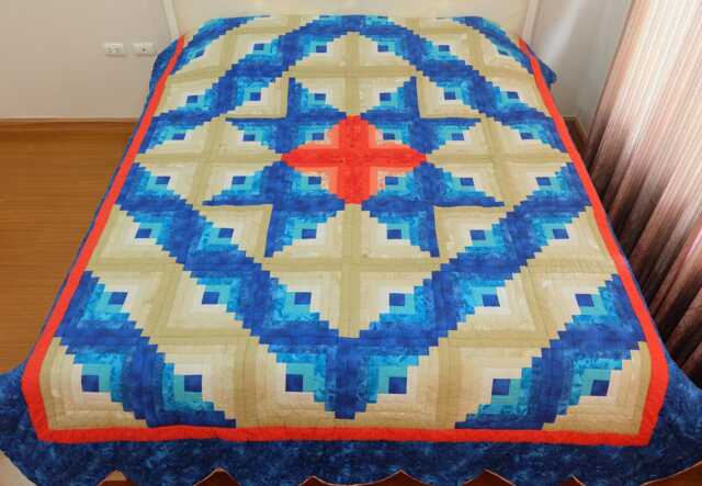 Tropical Log Cabin Star Quilt, Custom Log Turquoise Beige Amish Patchwork Cotton Bedspread, Blue Bedroom D??cor - image 1