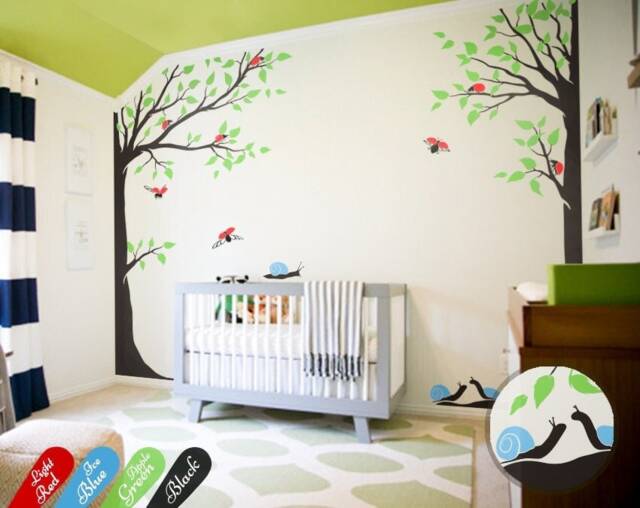 Large Tree Wall Decal Set With Beetles & Snails Corner Decals Nursery Art Decor Mural Sticker, 2 Kw025 - image 1