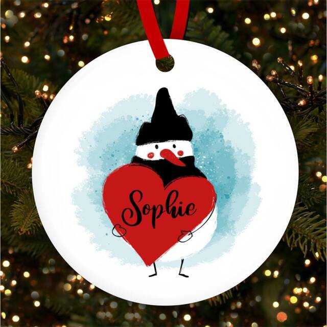 Snowman Holding Heart Name Round Personalised Christmas Tree Ornament Decoration