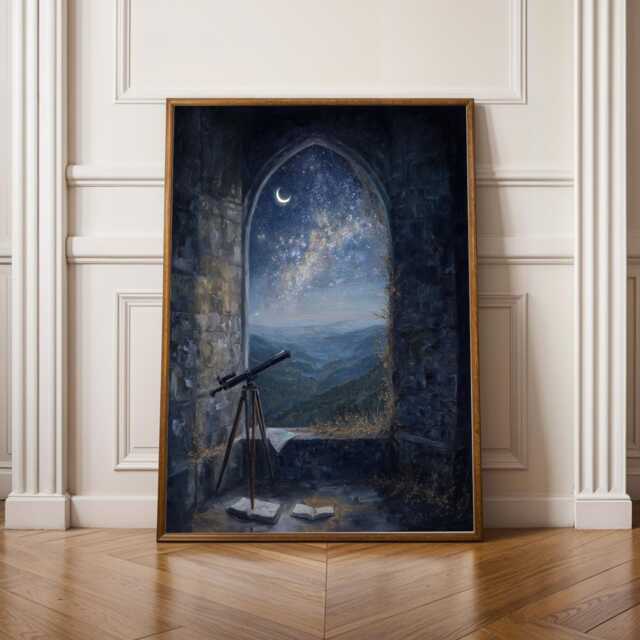 Castlecore Wall Art, Dark Academia Print, Telescope Starry Night, Art Print, Navy & Gold Decor, Living Room Gift For Coworker - image 1