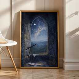 Castlecore Wall Art, Dark Academia Print, Telescope Starry Night, Art Print, Navy & Gold Decor, Living Room Gift For Coworker - thumbnail 2